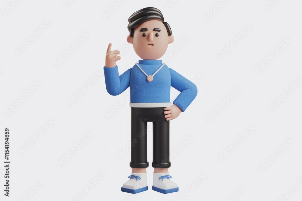 A 3D cartoon man in a blue sweater, with one hand raised in a thinking pose. A 3D cartoon man in a blue sweater, with one hand raised in a thinking pose.