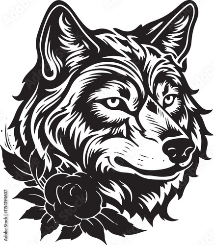 Wolf Face with Flowers Detailed Stylized Vector Illustration Graphic