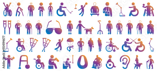 Disabled people and activity icon set