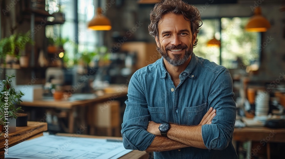 A smiling man stands confidently in a creative workspace filled with plants and blueprints. A smiling man stands confidently in a creative workspace filled with plants and blueprints.