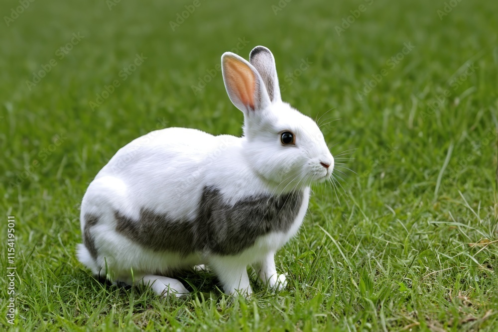 there is a white and gray rabbit sitting in the grass there is a white and gray rabbit sitting in the grass
