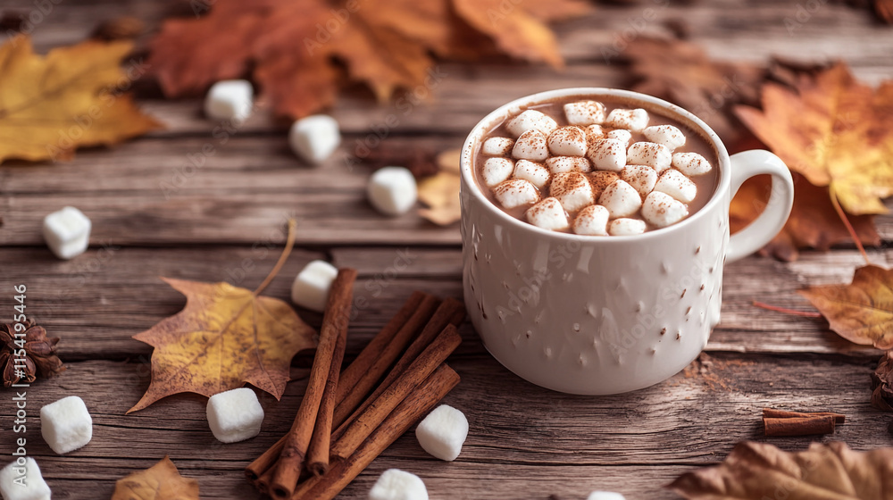 Warm cup of hot chocolate with marshmallows and autumn leaves on a wooden table. Warm cup of hot chocolate with marshmallows and autumn leaves on a wooden table.