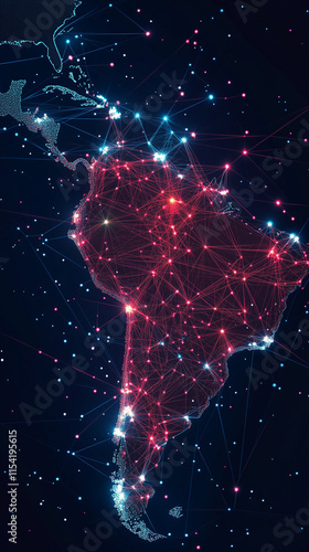 An abstract outline map showcasing the United States and Argentina, focusing on the shapes of both countries with clearly defined state and province borders. The two countries are connected by glowing