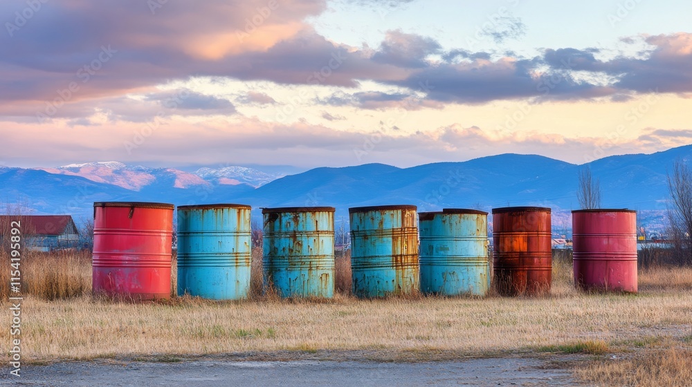 Obraz premium Empty Containers in a Field Under Evening Light