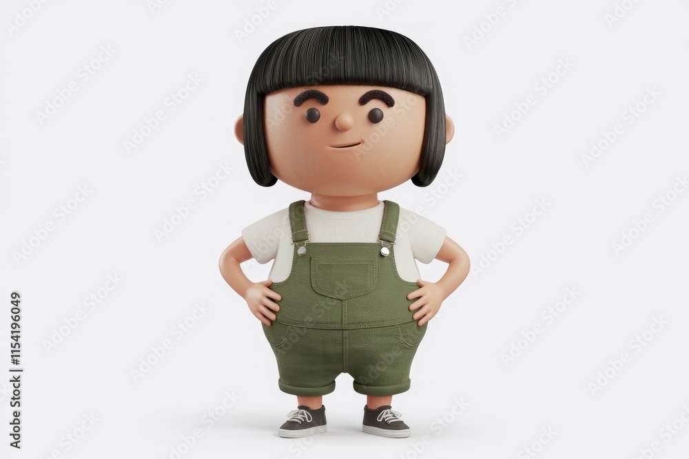 A cute 3D cartoon girl with short black hair, wearing olive green overalls and a white shirt, stands confidently. A cute 3D cartoon girl with short black hair, wearing olive green overalls and a white shirt, stands confidently.