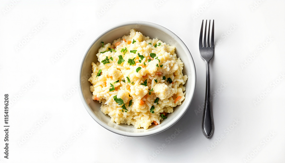 Fluffy couscous with herbs in gray bowl, healthy side dish concept, light and delicious Fluffy couscous with herbs in gray bowl, healthy side dish concept, light and delicious