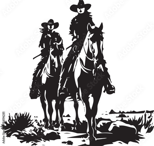 Women on Horses Wild West Stencil Vector Illustration Graphic