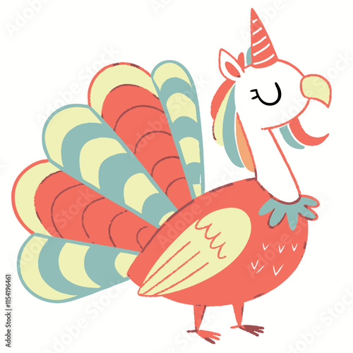Cute little turkey disguised as a unicorn for playful holiday designs and magical creations