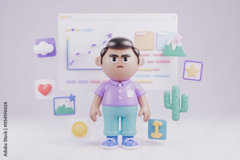 A 3D cartoon character looks frustrated with app design and data charts. A 3D cartoon character looks frustrated with app design and data charts.