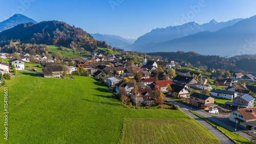 The village of Schnifis in the Walgau Valley, State of Vorarlberg, Austria, Drone Photography photo