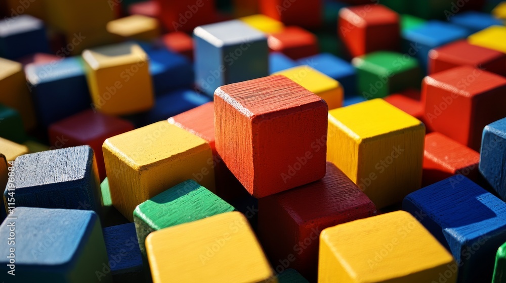 An engaging block-building scene on a sunny day, Colorful blocks meticulously arranged, Contemporary artistic style An engaging block-building scene on a sunny day, Colorful blocks meticulously arranged, Contemporary artistic style