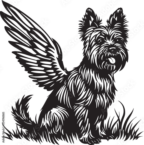Yorkshire Terrier Dog Sitting with Wings Stylized Silhouette Vector Illustration Graphic