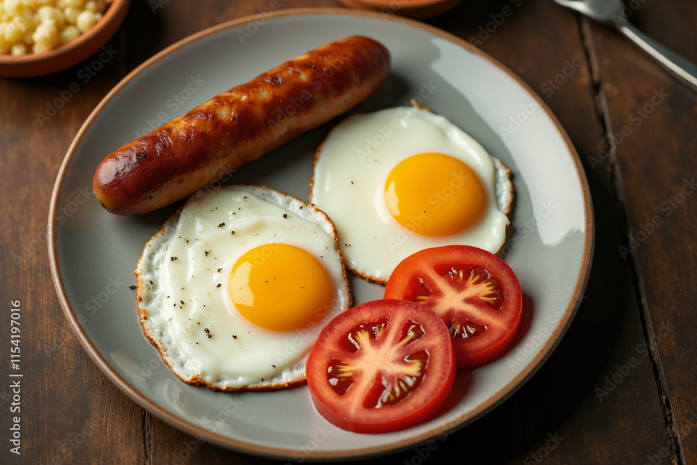 Plate with two fried eggs, sausage and slices of tomatoes, top view Plate with two fried eggs, sausage and slices of tomatoes, top view