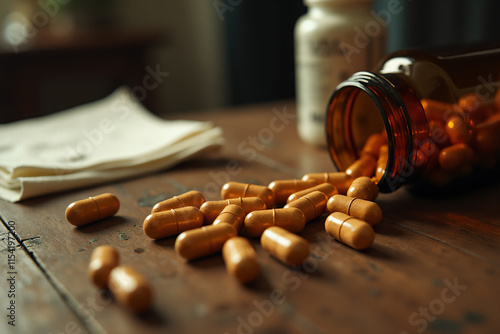 Capsules spill out of an brown bottle on a wooden table