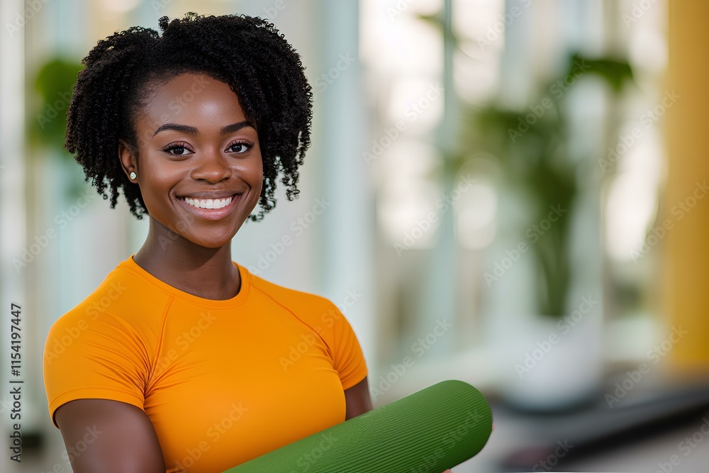 Fototapeta premium Fit and confident African yoga instructor in orange sportswear, gripping a mat in a spacious studio. Copy space.