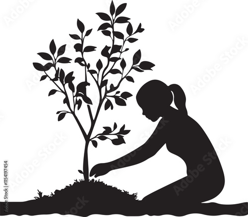 Young Person Planting a Tree Silhouette Vector Illustration Graphic