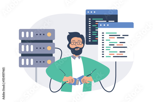 System administrator web concept with flat cartoon people for website design. Man monitoring server infrastructure, does maintenance update and optimization, fixing code problems. Vector illustration.