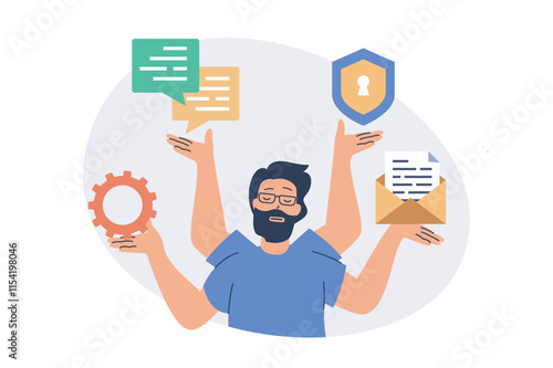 System administrator web concept with flat cartoon people for website design. Man does maintenance to server infrastructure, making updates, protecting service and chatting. Vector illustration.