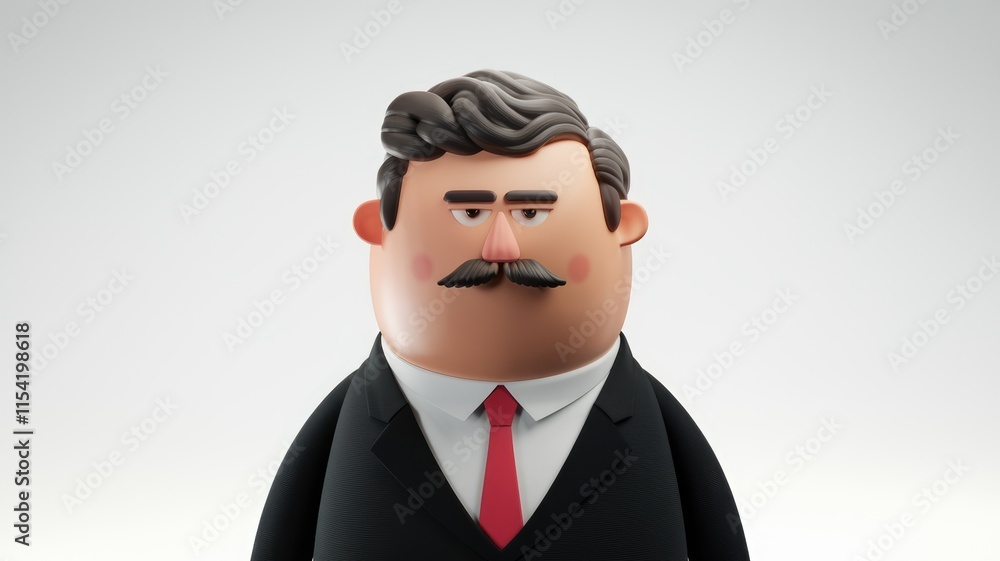 A 3D rendered cartoon of a stern-faced businessman in a suit, with a mustache. A 3D rendered cartoon of a stern-faced businessman in a suit, with a mustache.