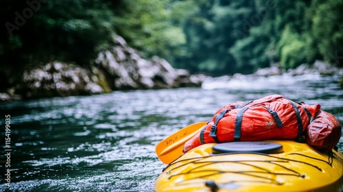 An exhilarating kayaking adventure down a rushing river, Kayaks and paddles prepared for water journey, River exploration style photo