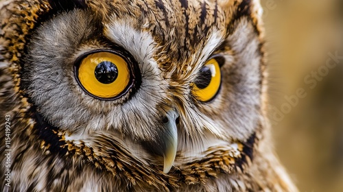 Close-up of an owl's detailed face, featuring sharp yellow eyes and intricate feather patterns. photo