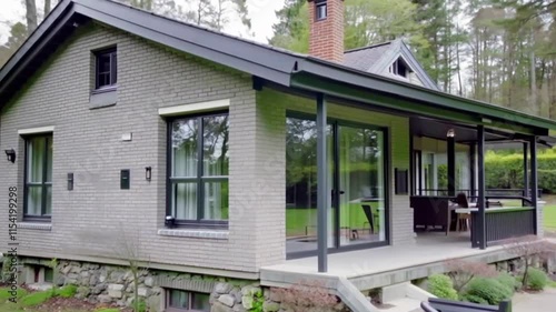 Wallpaper Mural Contemporary Scandinavian home with asymmetrical architecture, light-gray brick walls, and floor-to-ceiling windows. Torontodigital.ca