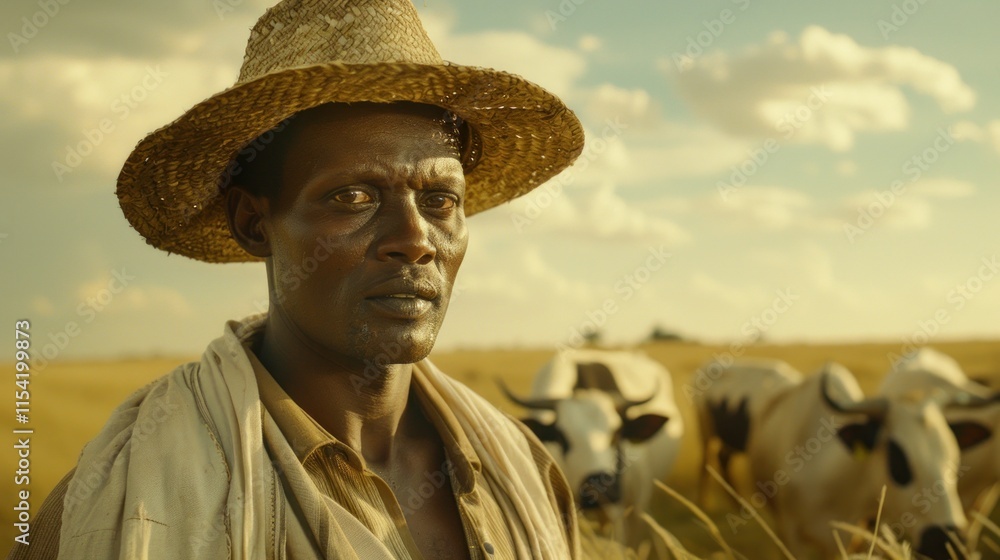 Serious African man in hat, watching cattle in field. Serious African man in hat, watching cattle in field.