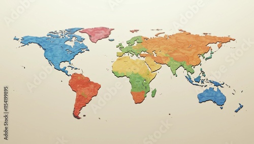 Vibrant World Map Illustration with Colorful Continents and Textured Relief Design for Educational, Travel, and Creative Projects - Ideal for Global Themes and Geographic Exploration  photo