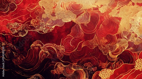 Abstract background with swirling, flowing, clouds and lines in rich red and gold colors.