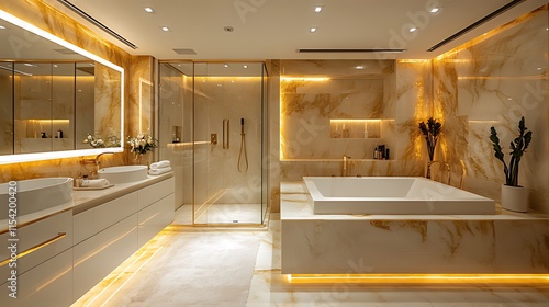 Luxurious modern bathroom with onyx marble walls, freestanding bathtub, double vanity, and LED lighting.