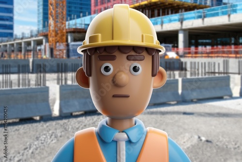 A 3D cartoon construction worker wearing a hardhat, looks serious against a blurry construction site background. photo