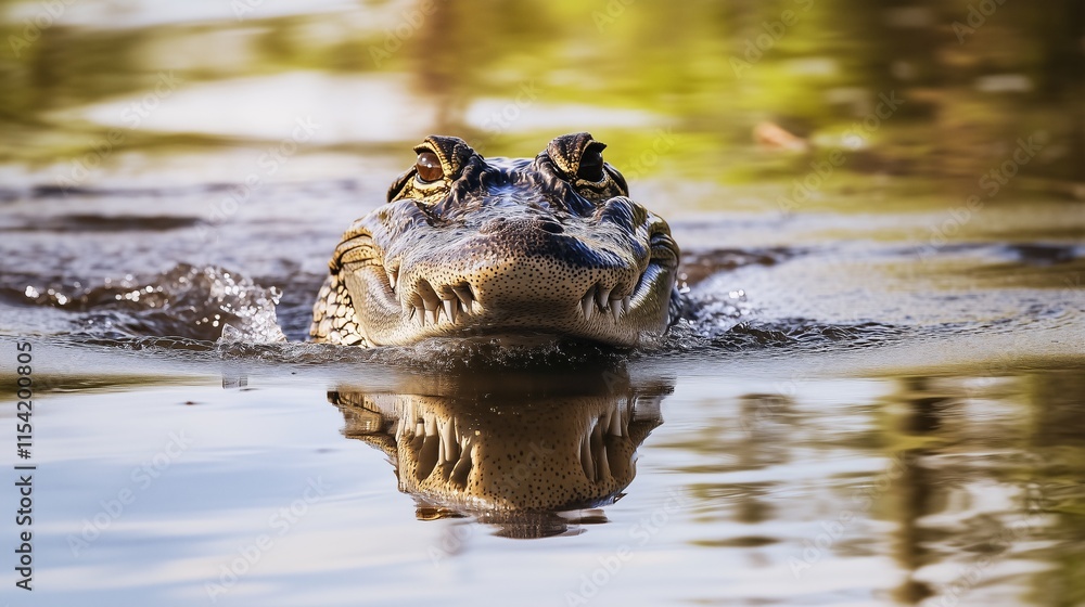 Fototapeta premium A crocodile surfacing from a calm body of water, reflecting its intense gaze.