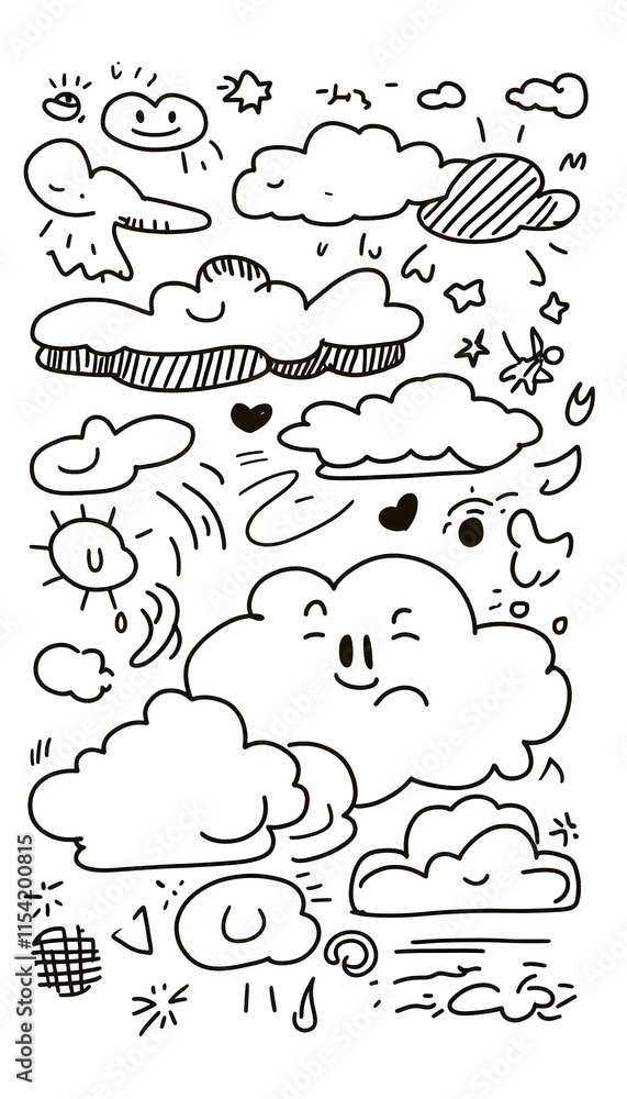 Fototapeta premium Cute Doodle Clouds Sky Design Elements Illustration.
