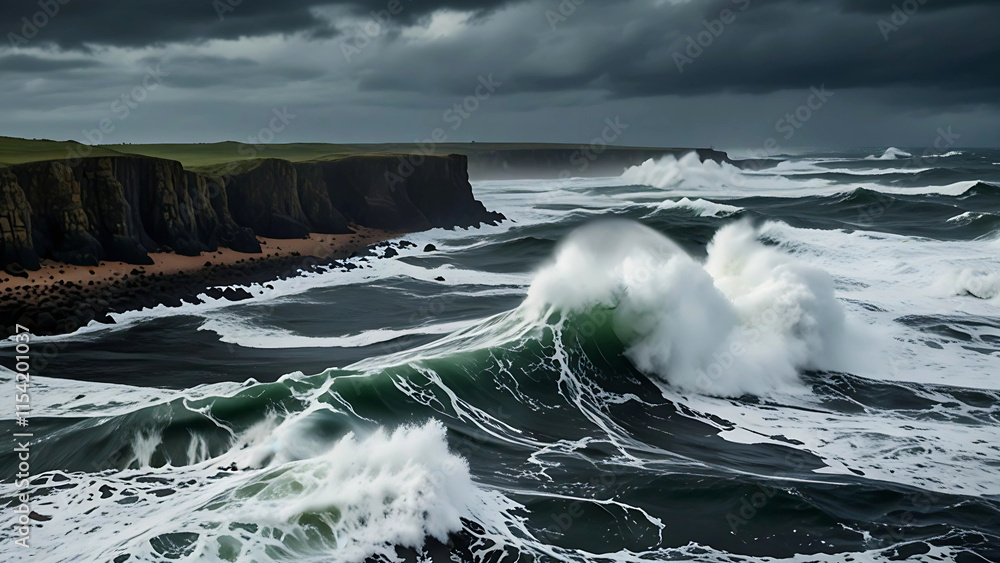 Stormy North Sea Waves Crashing Against Coastal Cliffs Stormy North Sea Waves Crashing Against Coastal Cliffs