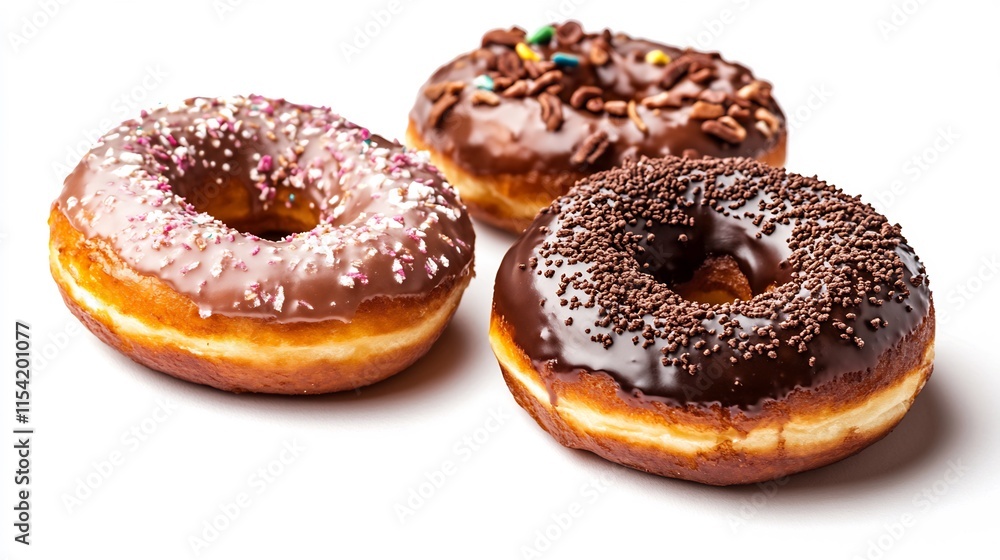 Three Delicious Chocolate Donuts with Sprinkles Three Delicious Chocolate Donuts with Sprinkles