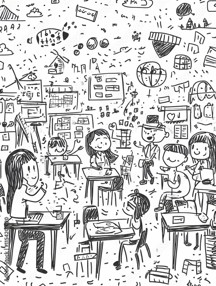 Diverse students collaborating on projects in a busy classroom, surrounded by creative doodles, for education marketing. Diverse students collaborating on projects in a busy classroom, surrounded by creative doodles, for education marketing.