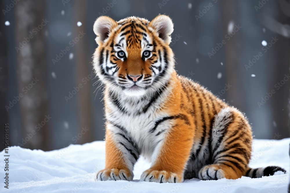 Obraz premium there is a tiger cub sitting in the snow in the woods
