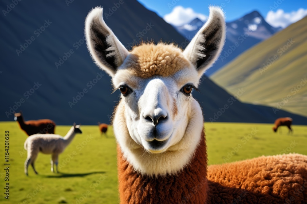 Obraz premium there are many llamas in the field with mountains in the background