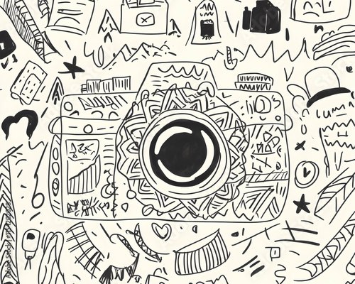 Doodle Camera Travel Photography Background Design Illustration. photo