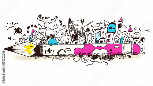 Doodle City Bursts from Pink Pencil; Creative Imagination,  Background White; Design, Illustration.