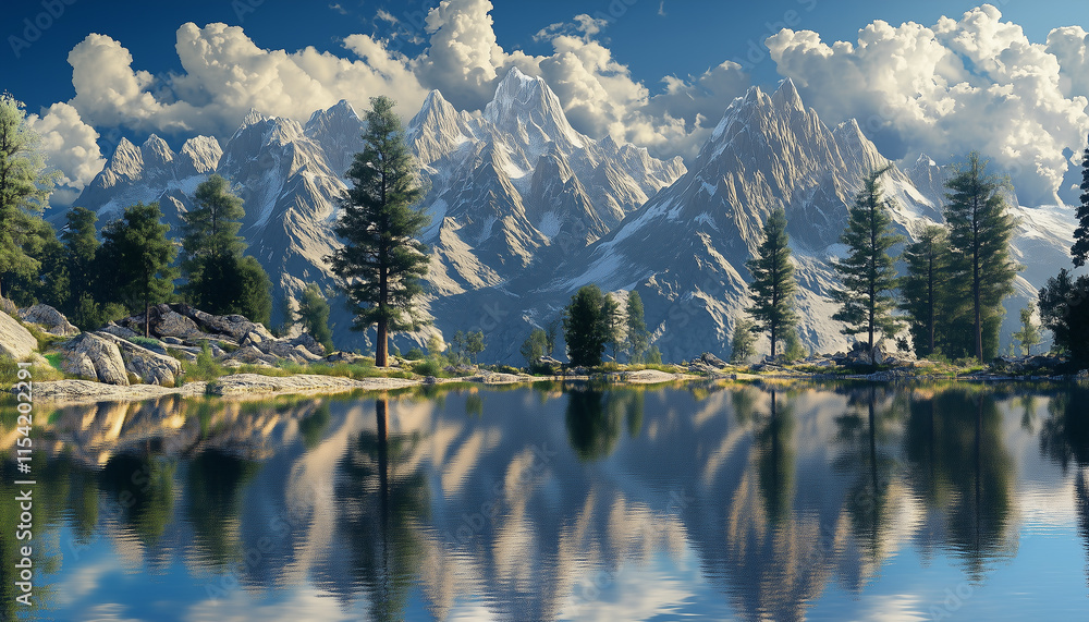 Naklejka premium Serene Mountain Lake Reflection with Majestic Peaks