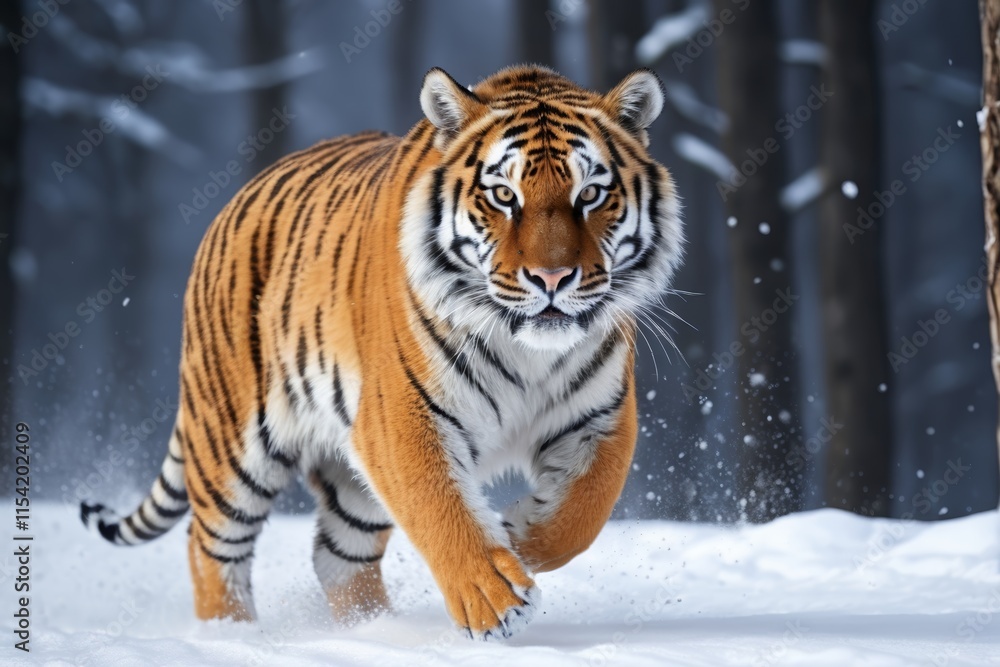 Obraz premium tiger running in the snow in front of a tree