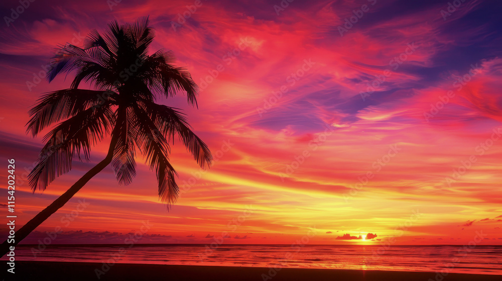 Vibrant tropical sunset with a silhouetted palm tree Vibrant tropical sunset with a silhouetted palm tree