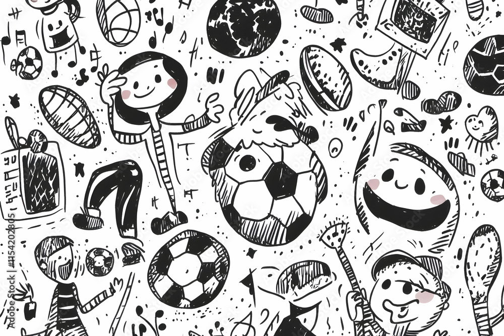 Fototapeta premium Doodle illustration of kids playing sports and music on white background for children's book.