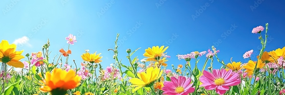 Colorful wildflowers flourish in a sunny field, creating a beautiful display against the blue sky Colorful wildflowers flourish in a sunny field, creating a beautiful display against the blue sky