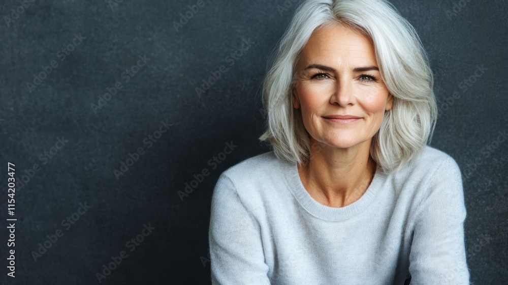 © Pixel Mind - Middle aged woman with gray hair sits comfortably, showing a friendly smile while wearing a cozy sweater © Pixel Mind - Middle aged woman with gray hair sits comfortably, showing a friendly smile while wearing a cozy sweater