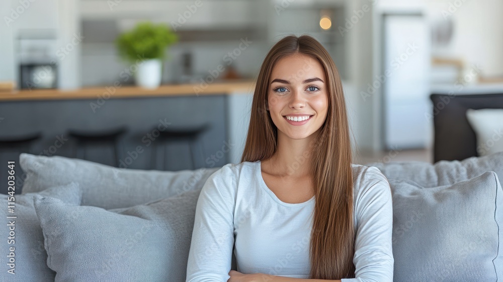 Young woman smiles while sitting comfortably on a sofa in a stylish living space Young woman smiles while sitting comfortably on a sofa in a stylish living space