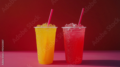 Colorful plastic cups with refreshing red and yellow drinks on a vivid background, perfect for modern beverage branding, advertising, or creative soft drink packaging design.