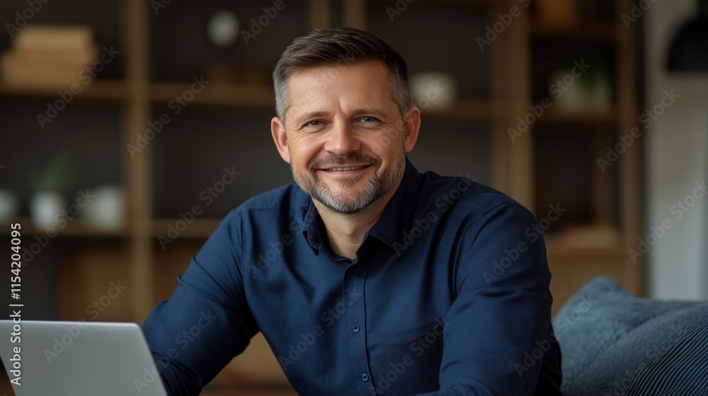 Obraz premium Man with short beard smiles while sitting at his desk with a laptop in a contemporary workspace