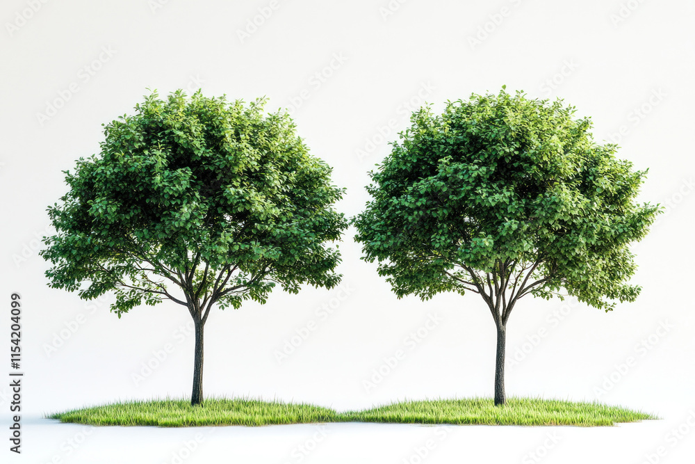 Two trees with green leaves on top standing tall in a lush forest, bathed in soft sunlight, creating a serene and peaceful atmosphere. Two trees with green leaves on top standing tall in a lush forest, bathed in soft sunlight, creating a serene and peaceful atmosphere.